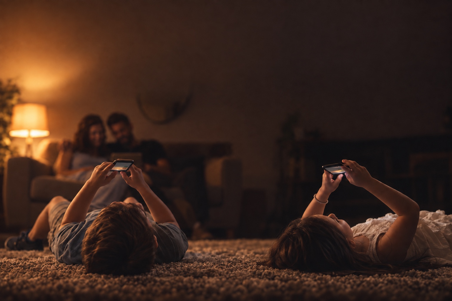 Two kids lying on the carpet with phones while their parents sit on the sofa