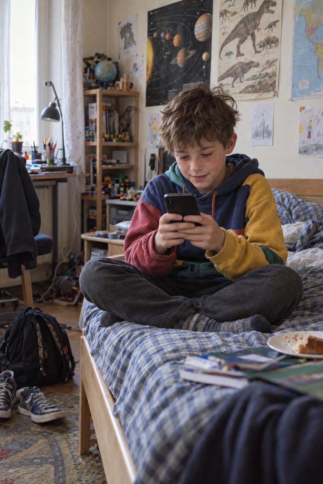 A boy does the lesson of the day on his phone