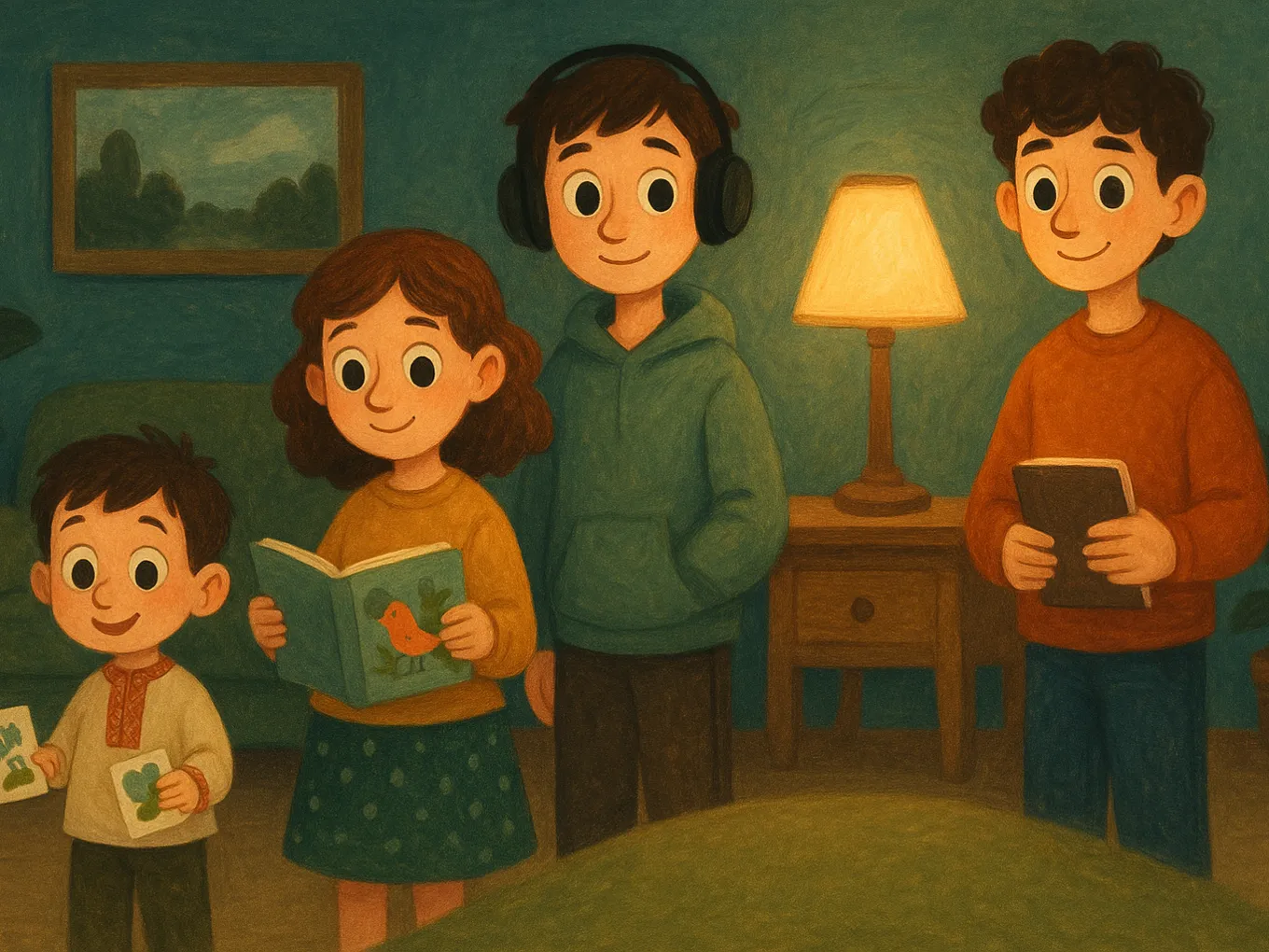 Four children of different ages: a toddler with flashcards, a schoolchild with a book, a teenager in headphones, and an older brother with a book