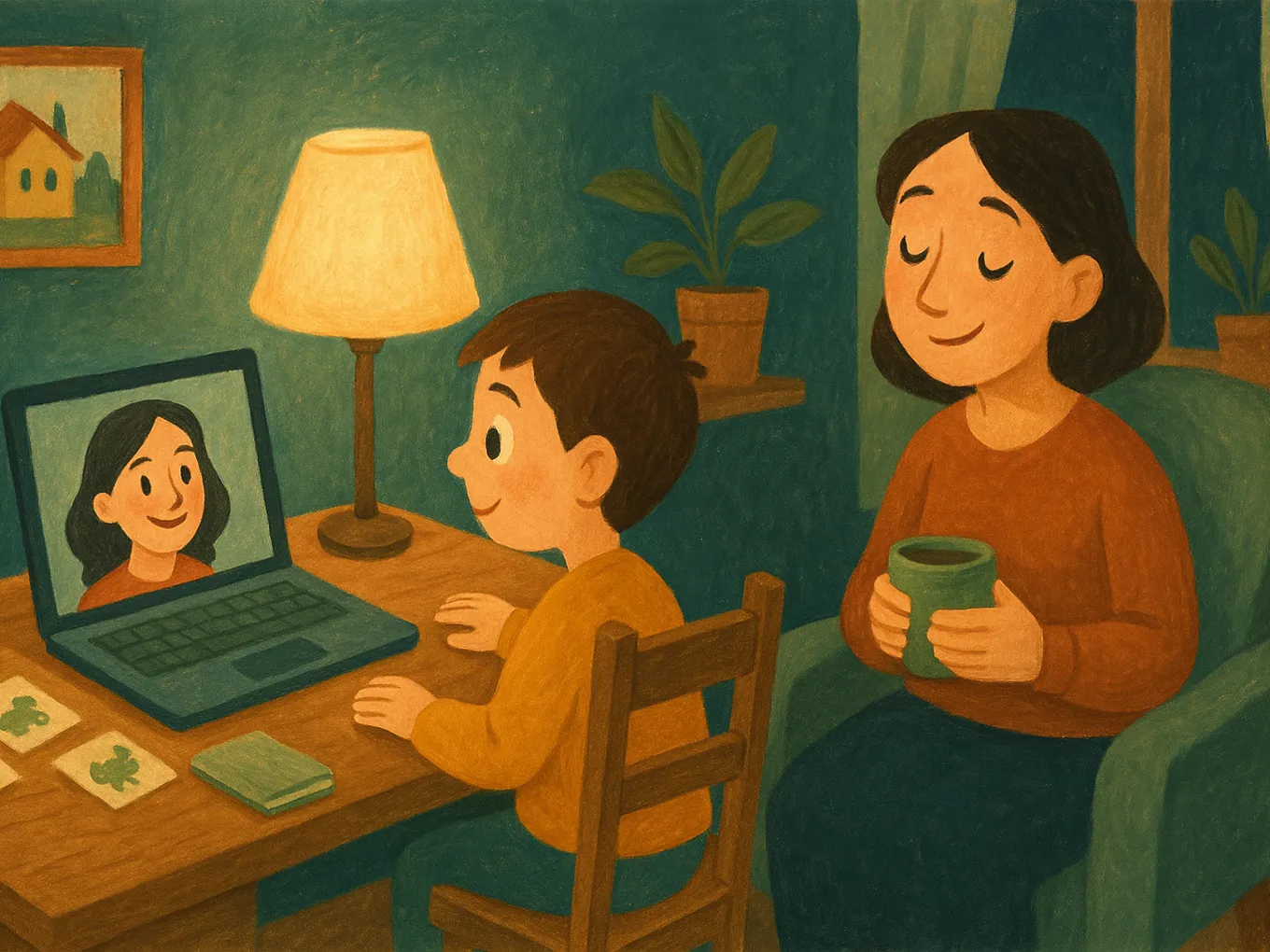 A boy in an online lesson with a teacher on a laptop, mom nearby with a cup of tea