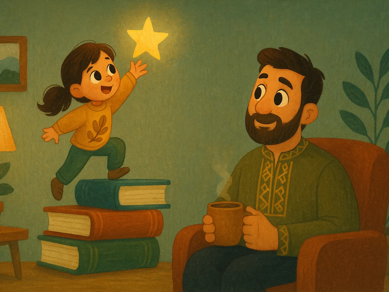 A girl climbs a stack of books like stairs toward a star while her dad watches from below