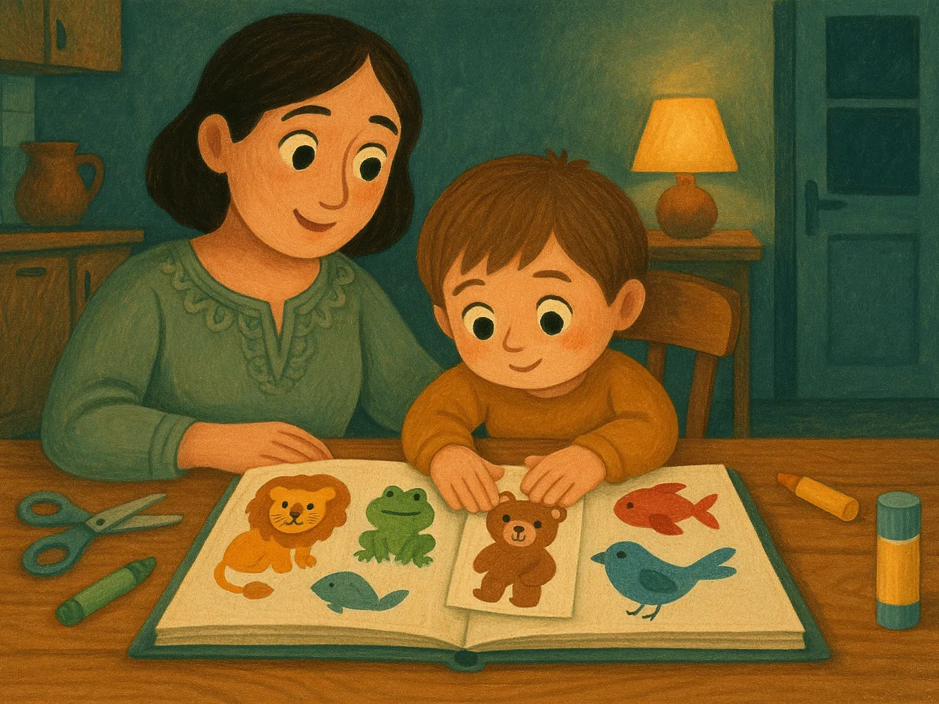 A homemade album with pasted pictures of animals, children’s hands glue a bear