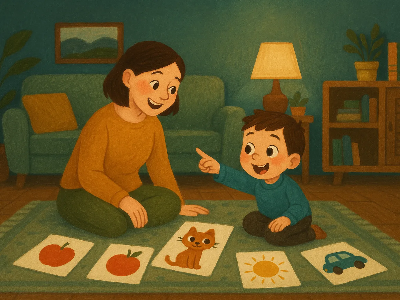 A 5-year-old boy with his mom plays on the rug with picture cards
