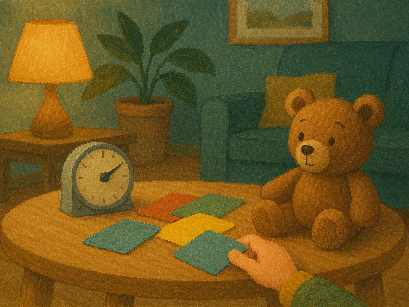 A kitchen timer, colorful cards, and a teddy bear on a child’s table
