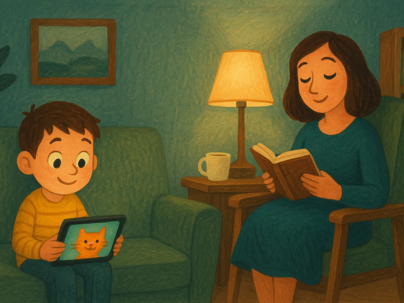 A boy watching a cartoon on a tablet while his mother reads a book with a cup of tea beside him