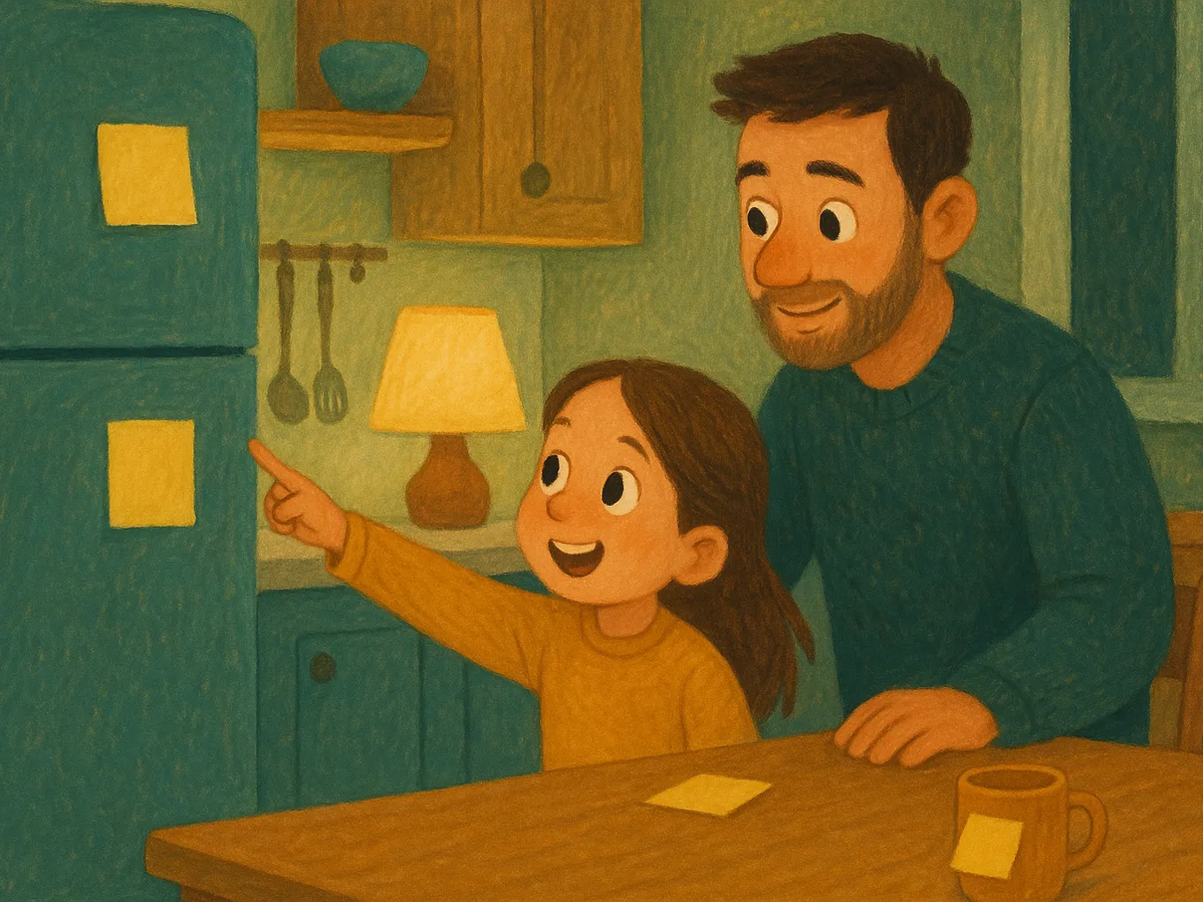 A daughter pointing out a sticker on the fridge to her dad