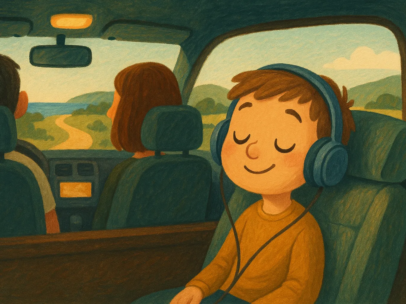 A boy in headphones in the car on the way to the sea