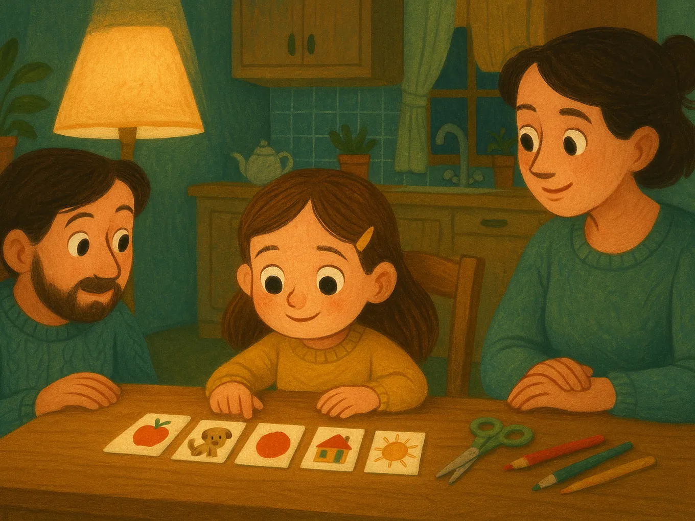 A girl lays out homemade picture flashcards on the kitchen table, with mom and dad nearby