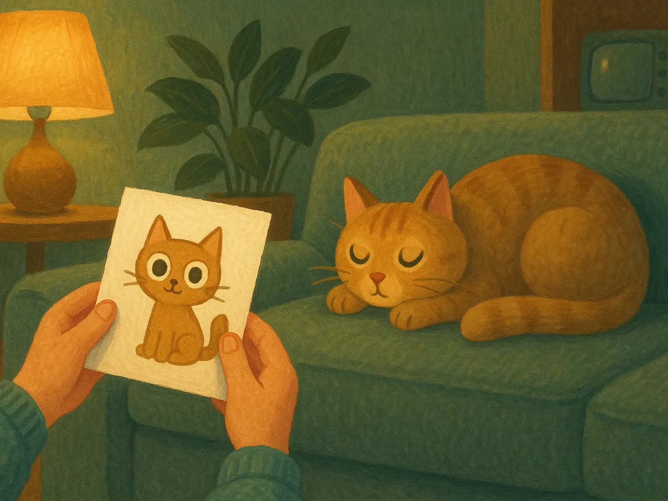 A child holds a homemade card with a drawn cat next to a real cat on the sofa