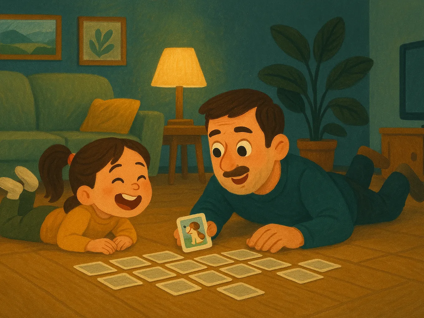 A dad and daughter lie on the floor playing memory with flashcards