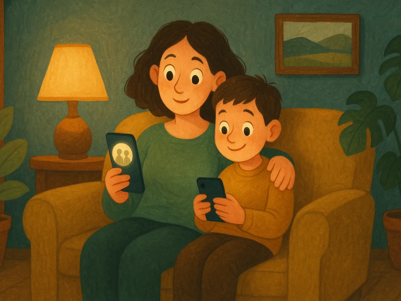 A mother on the couch holding her son with a new phone while using her own phone