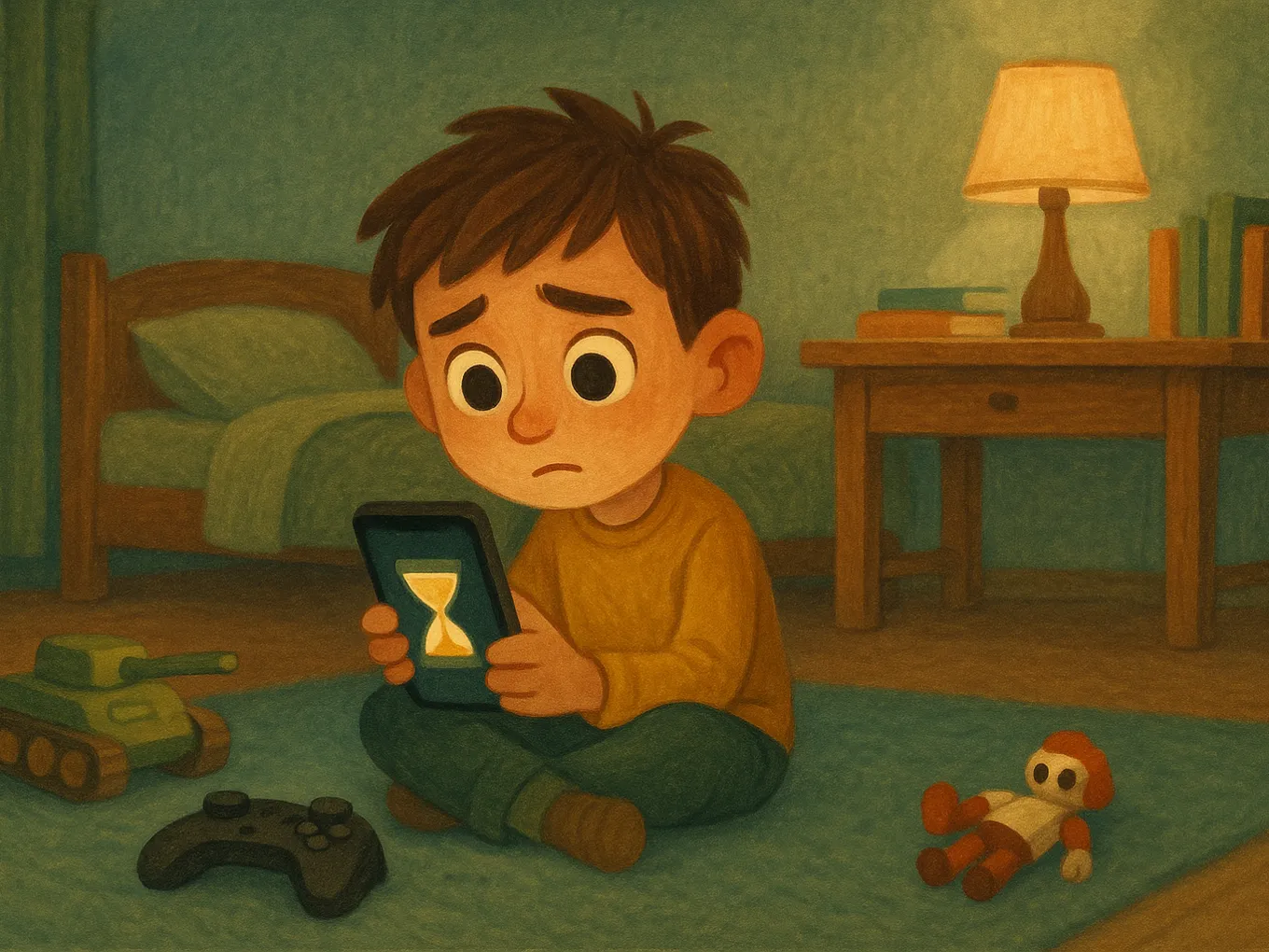 An upset boy on the floor looks at a phone with an hourglass on the screen