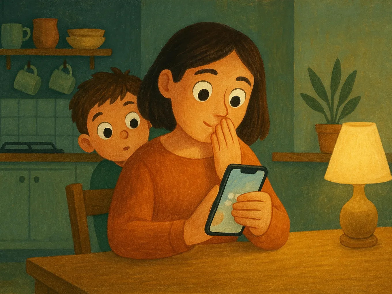 A mother at the kitchen table sets up her son's phone while the boy looks over her shoulder