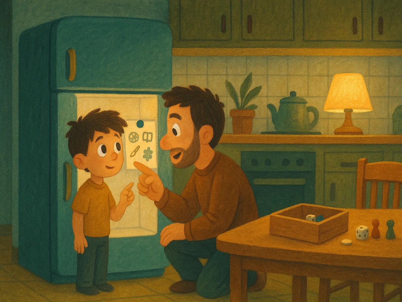 Dad and son choosing an activity from the list on the fridge