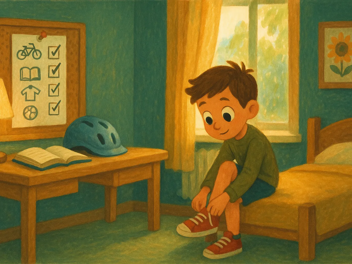A boy is getting ready to go outside, with a daily quest list and a bike helmet nearby