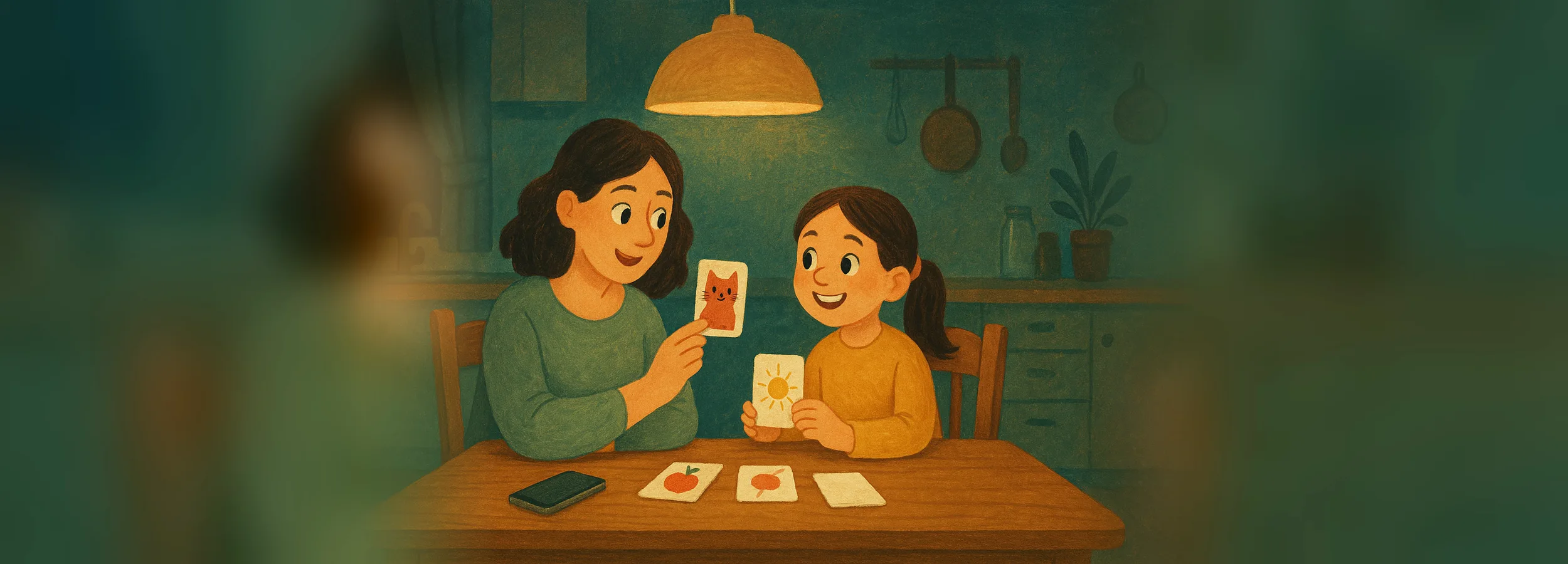 A mother and daughter at the kitchen table in the evening, playing with flashcards showing English words