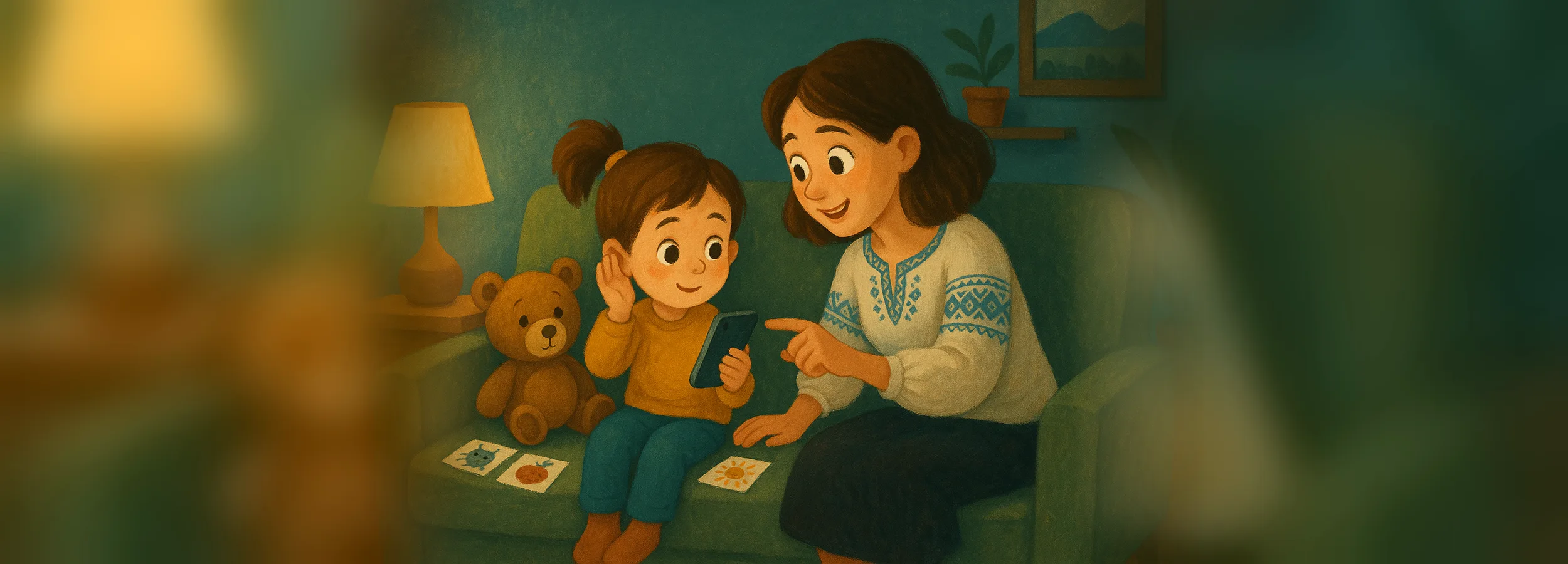 A 5-year-old girl on the sofa listens to a lesson on a phone, her mother sits beside her and helps