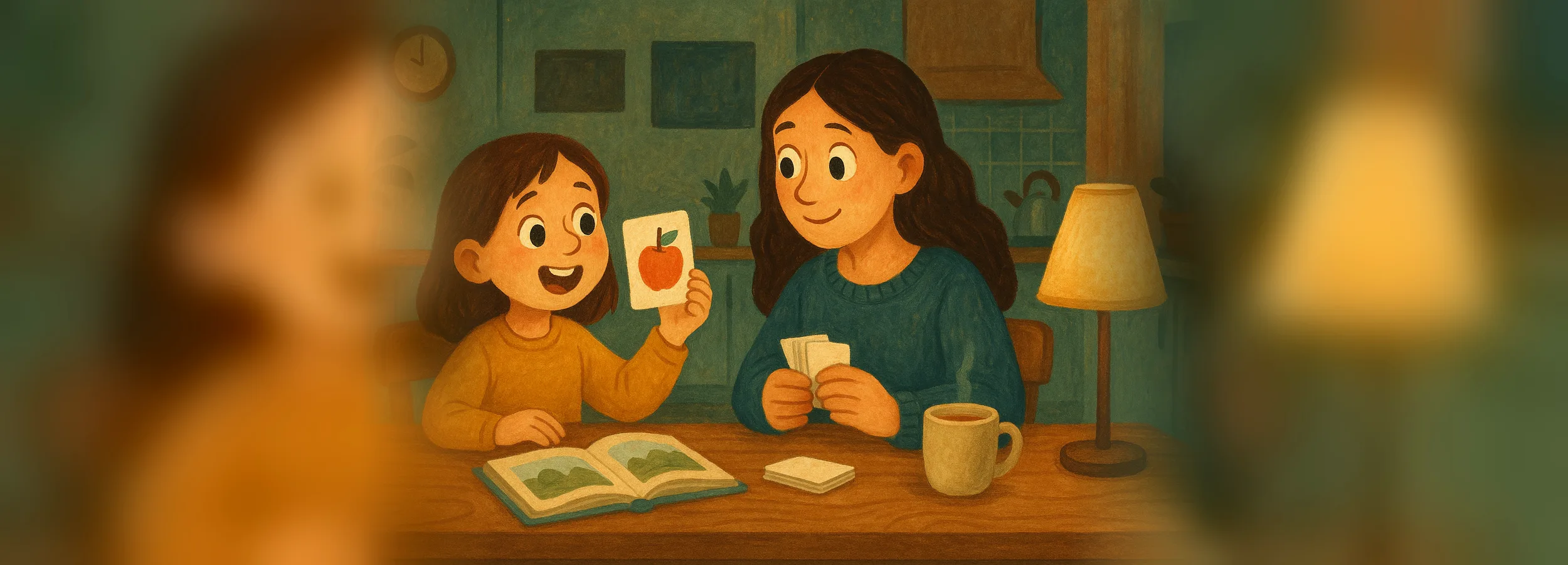 A mother and daughter at the kitchen table learning English words with flashcards