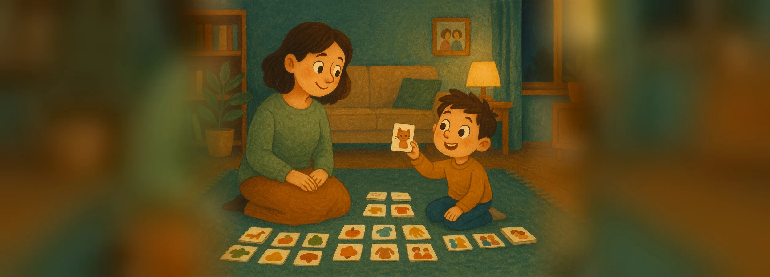 A mom and son sit on a rug among picture flashcards, and the boy points to a card with a cat