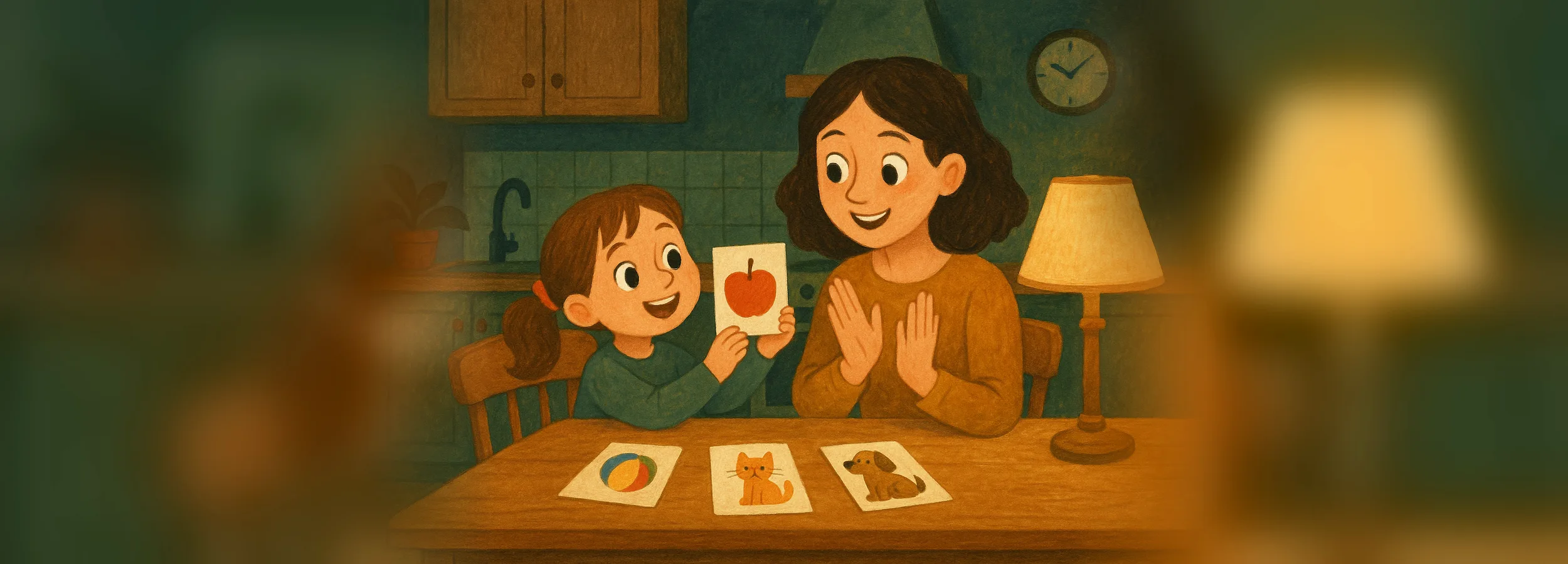 A mother and daughter at the kitchen table: the girl happily shows a card with an apple, and there are cards with a ball, a cat and a dog on the table