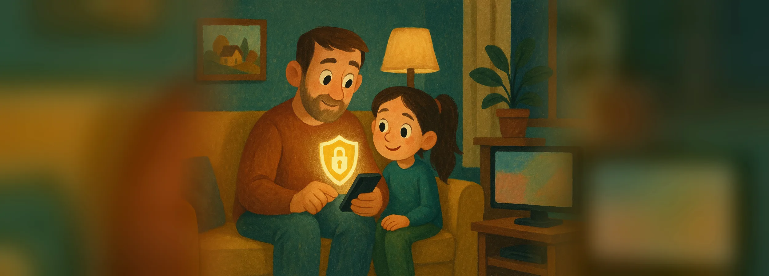 A father and daughter on the couch set up her phone, with a shield and lock glowing above it