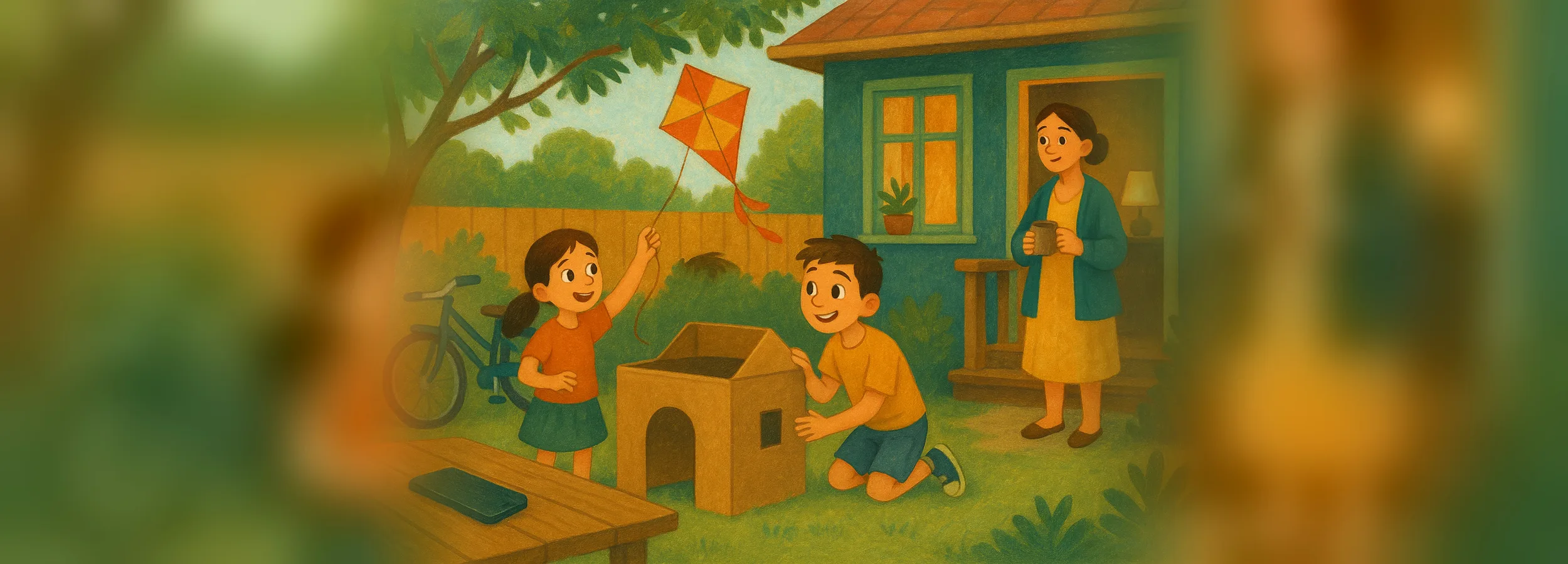 A brother and sister build a little cardboard house in the yard and launch a kite in summer, while their mother watches from the porch and a phone lies forgotten on the table