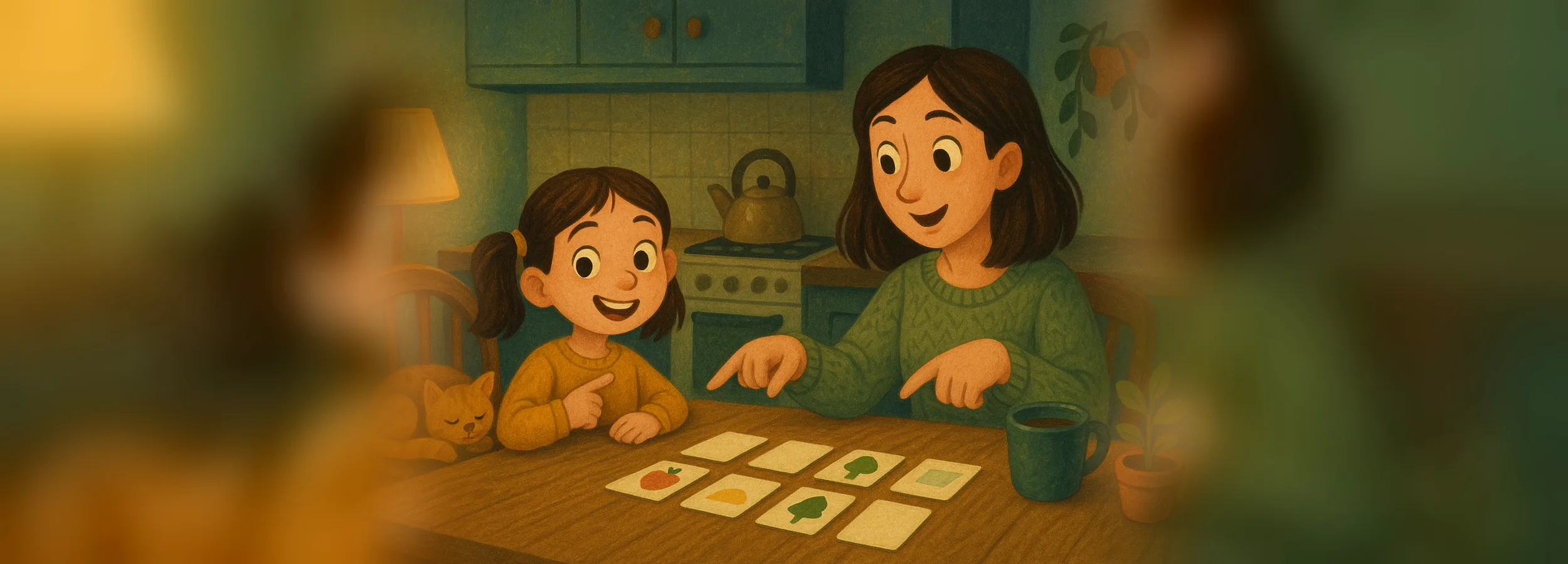 A mom and daughter at the kitchen table play with picture cards, while a cat naps nearby