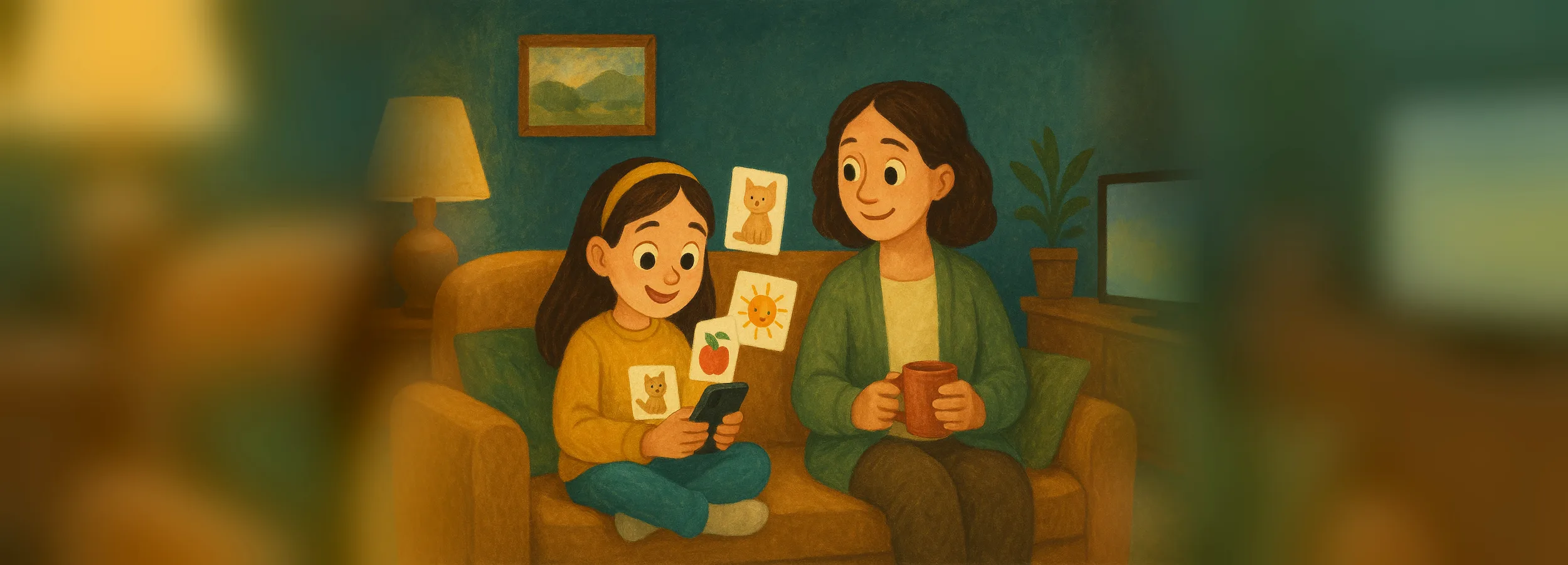 A girl on the couch is doing an English lesson on her phone, with her mom nearby holding a cup of tea
