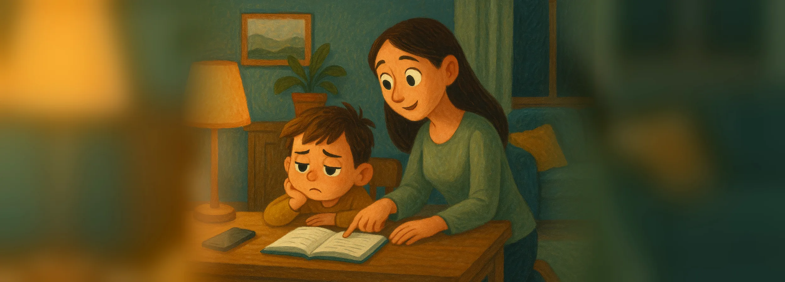 A mom encourages her son in the evening as he sits bored over a textbook