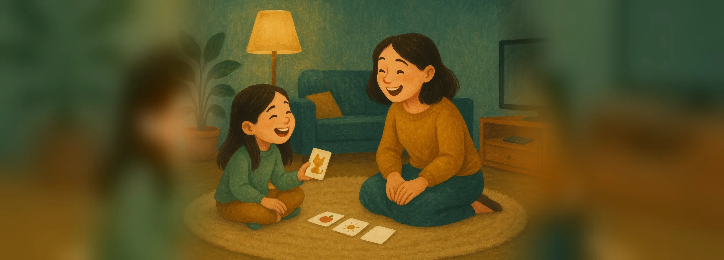 A mother and daughter laugh on the living room rug while playing picture cards