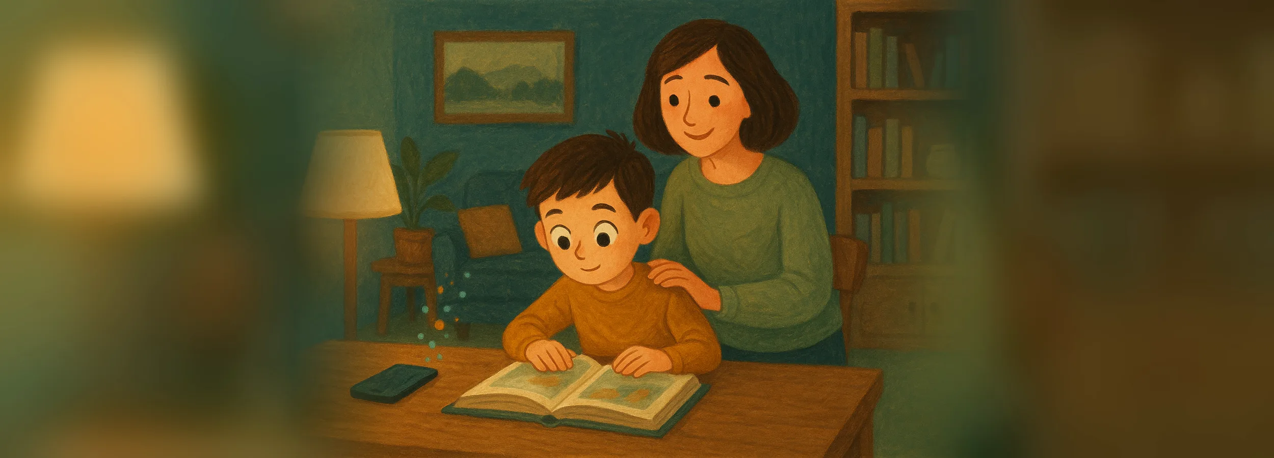 A boy is reading a book attentively at the table, the phone lies face down, and his mother has placed her hand on his shoulder beside him