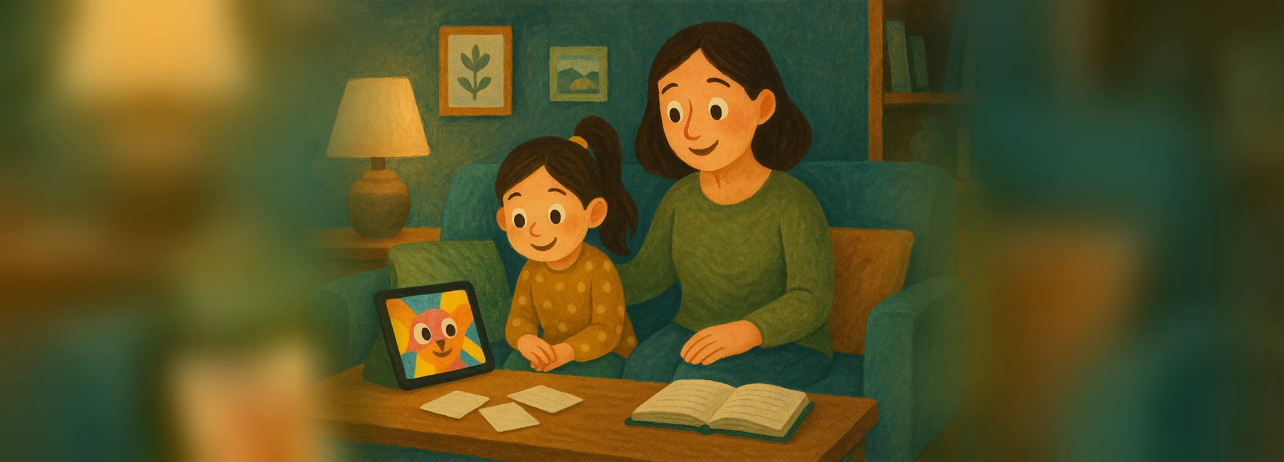 A girl and her mom sitting on a couch watching a short cartoon in English on a tablet, with flashcards from the lesson on the table