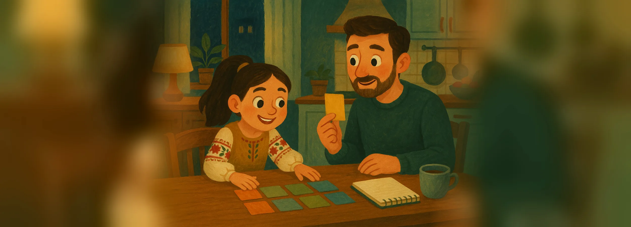 A dad and daughter studying verbs with colorful cards at the kitchen table in the evening