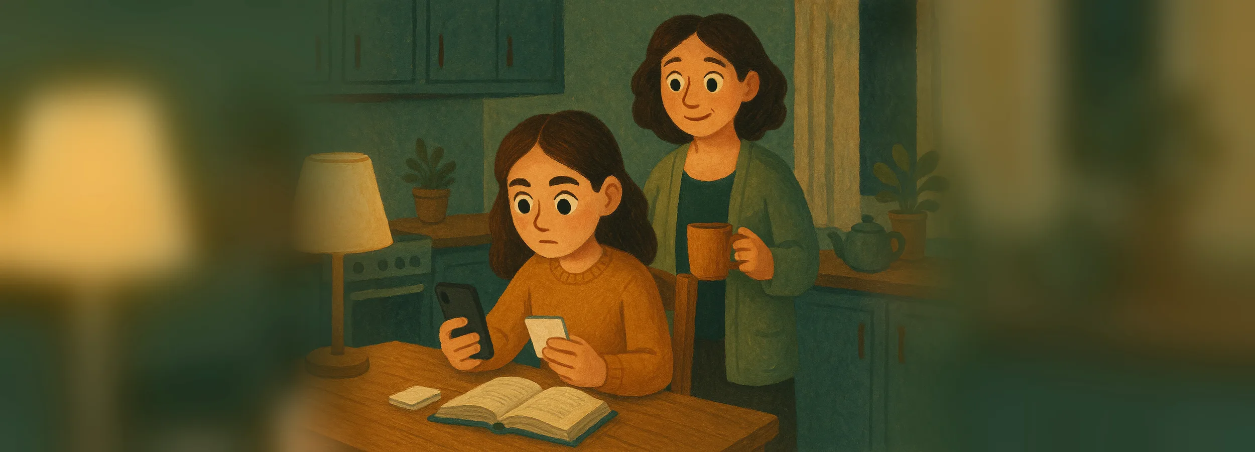 A teenage girl at the kitchen table studies English words with a phone and flashcards while her mother stands nearby with a cup of tea