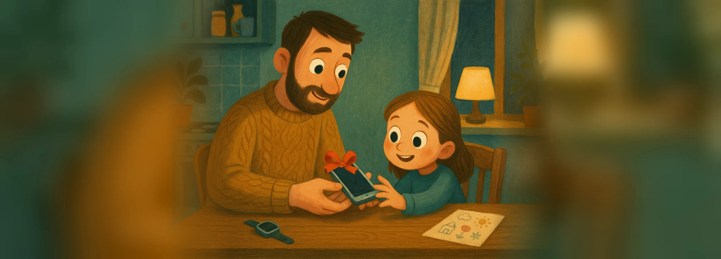 A father gives his daughter her first phone with a bow at the kitchen table
