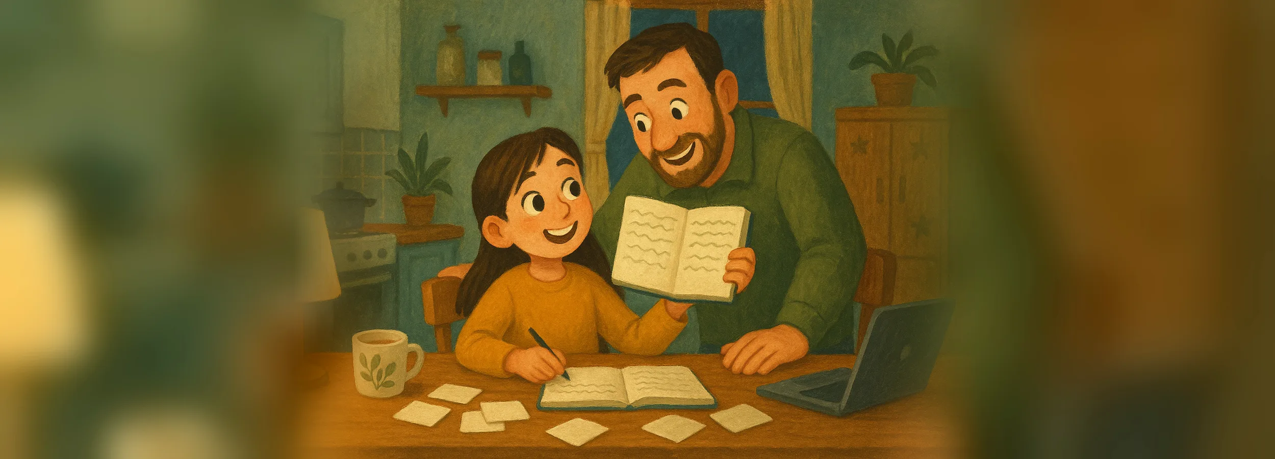 A daughter at the kitchen table with flashcards and a notebook is showing her dad her completed homework