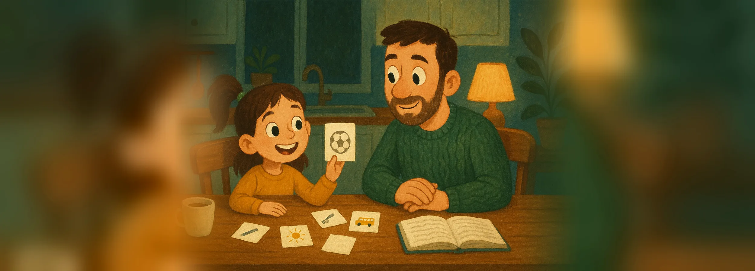 A girl with her dad at the kitchen table plays with cards with pictures