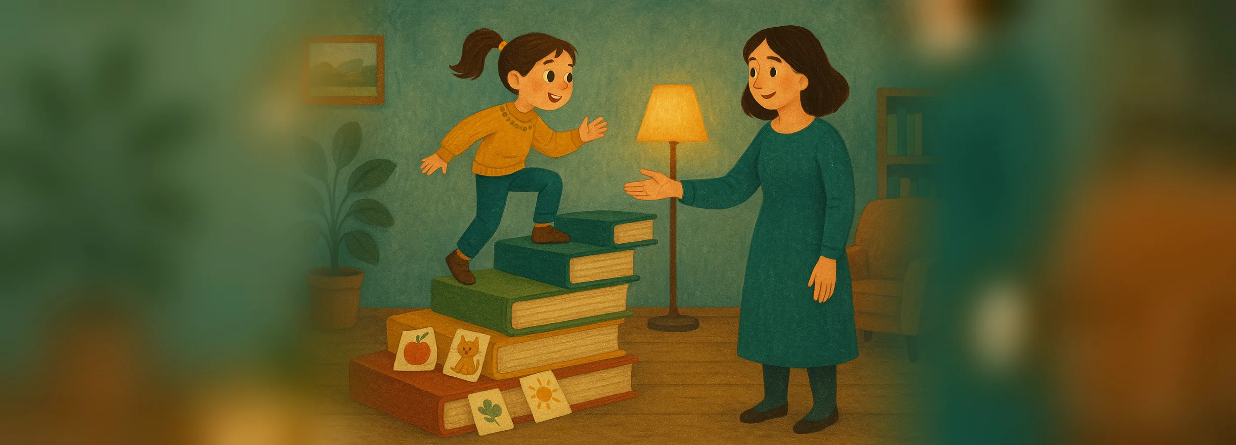 A girl climbing steps made of large books, with flashcards showing an apple, a cat, and the sun beside her, while her mother reaches out a hand