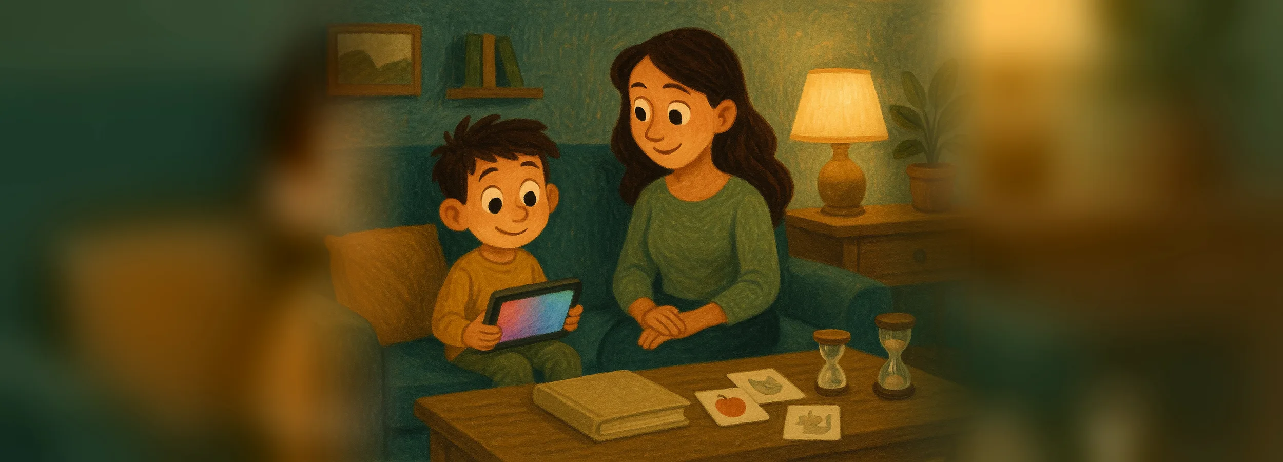 A boy plays on a tablet next to his mom, with a book, picture cards, and hourglasses on the table