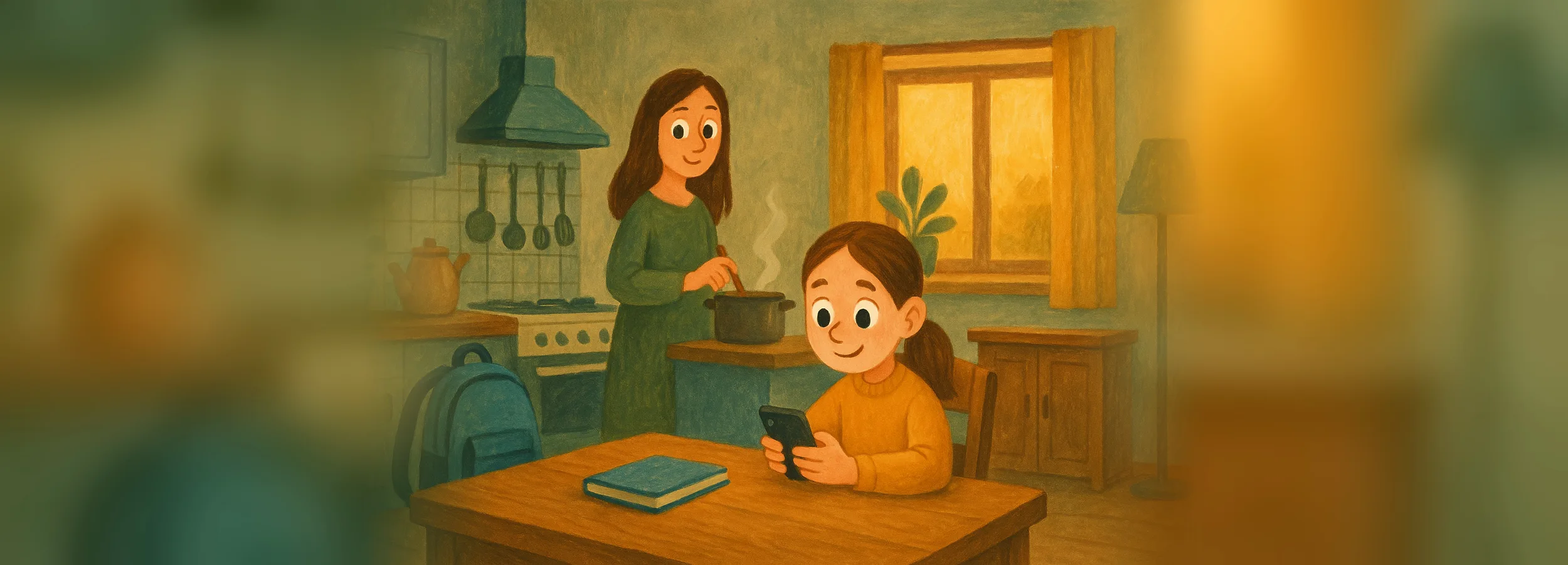 A girl doing an English lesson on her phone at the kitchen table after school, while her mom smiles by the stove