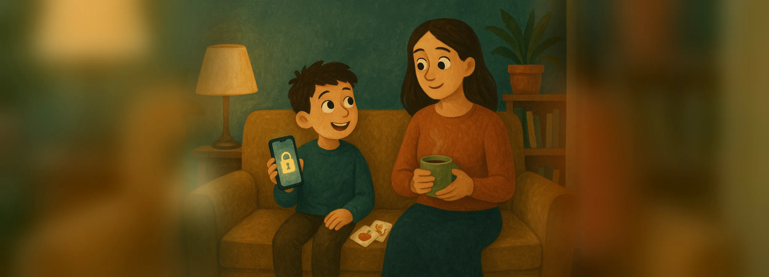 A boy on a couch showing his mom a phone with an open lock on the screen, with English flashcards beside them