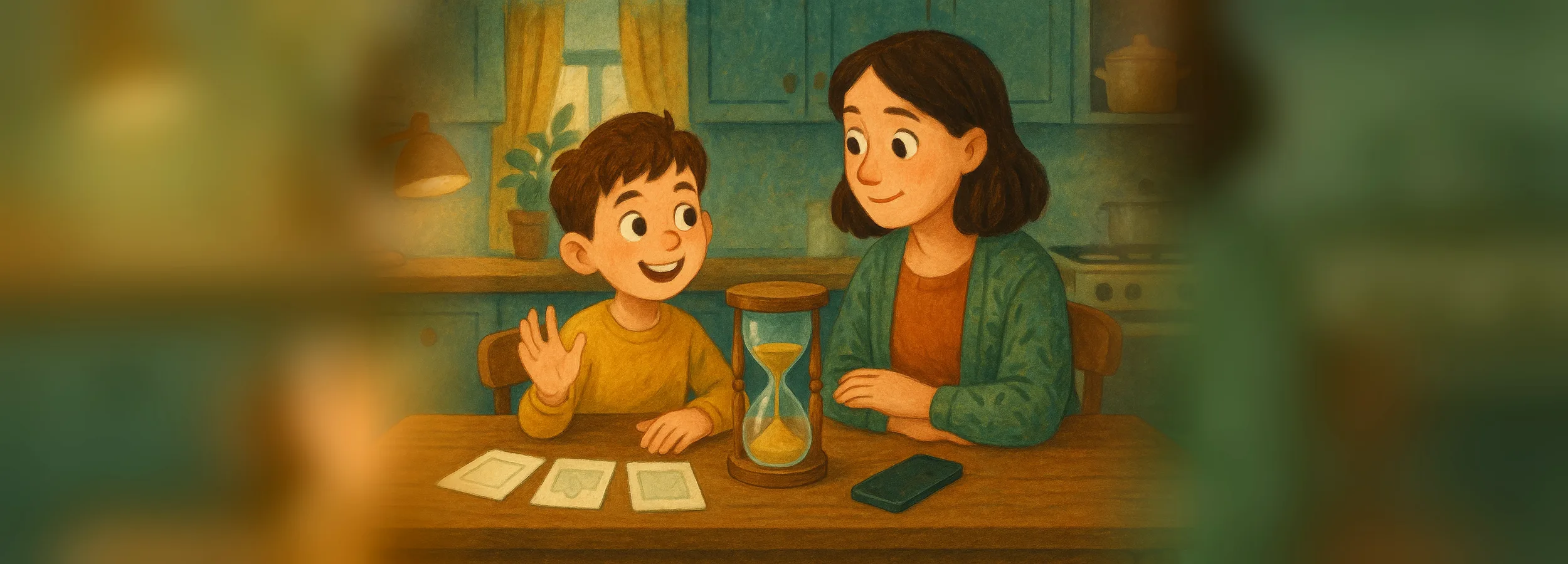Mom and son at the kitchen table: the boy is finishing a lesson with flashcards, an hourglass sits between them, and the phone is lying nearby face down