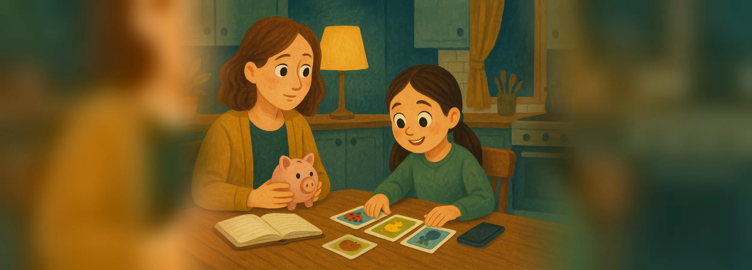 Mom and daughter at the kitchen table in the evening: the mom is holding a piggy bank, the girl is studying English with flashcards, and the phone is lying face down