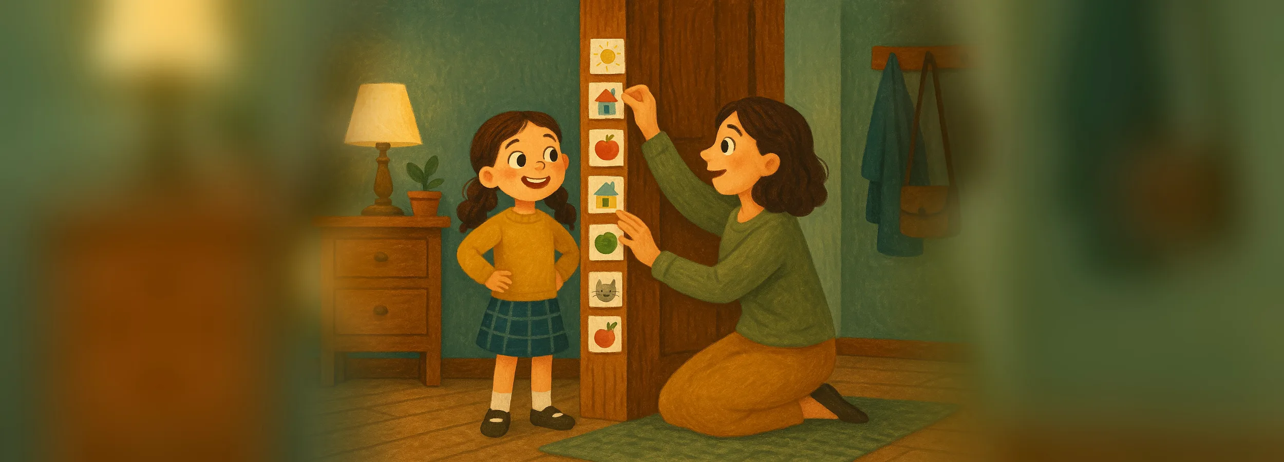 A mother and daughter sticking picture cards onto a doorframe like growth markers