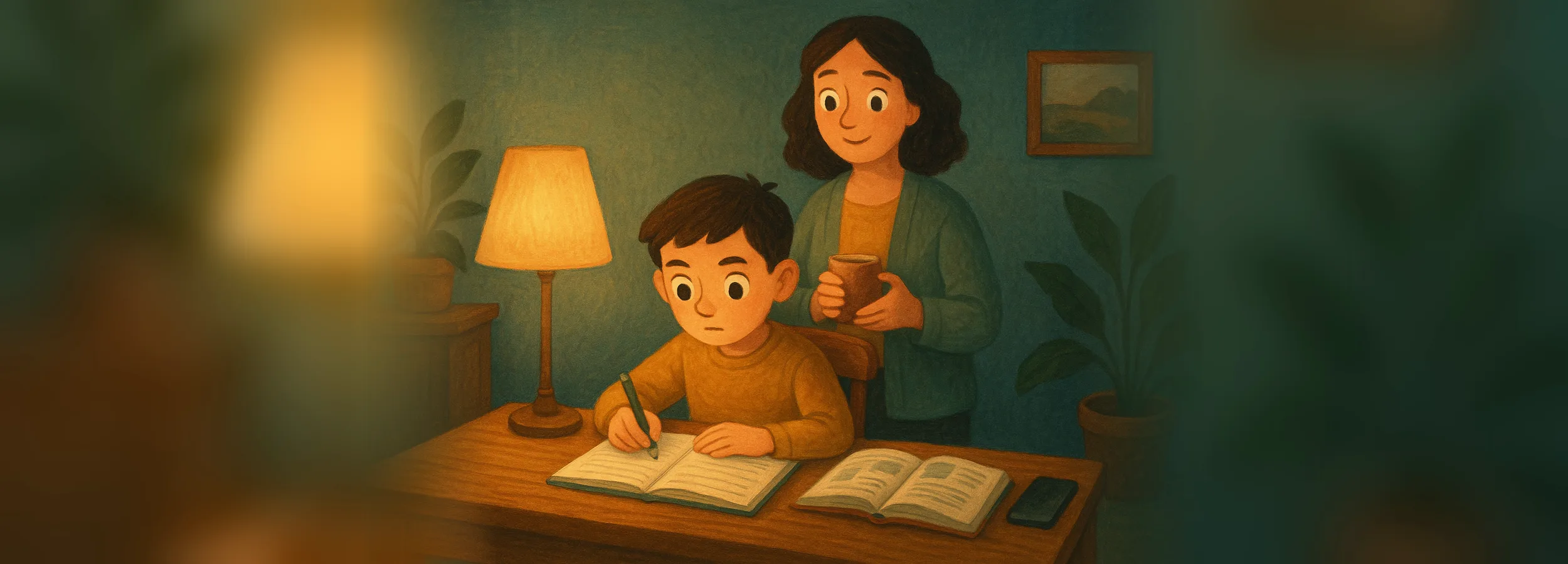 A boy does homework at a desk under a lamp, the phone lies face down, and his mother smiles beside him holding a cup of tea