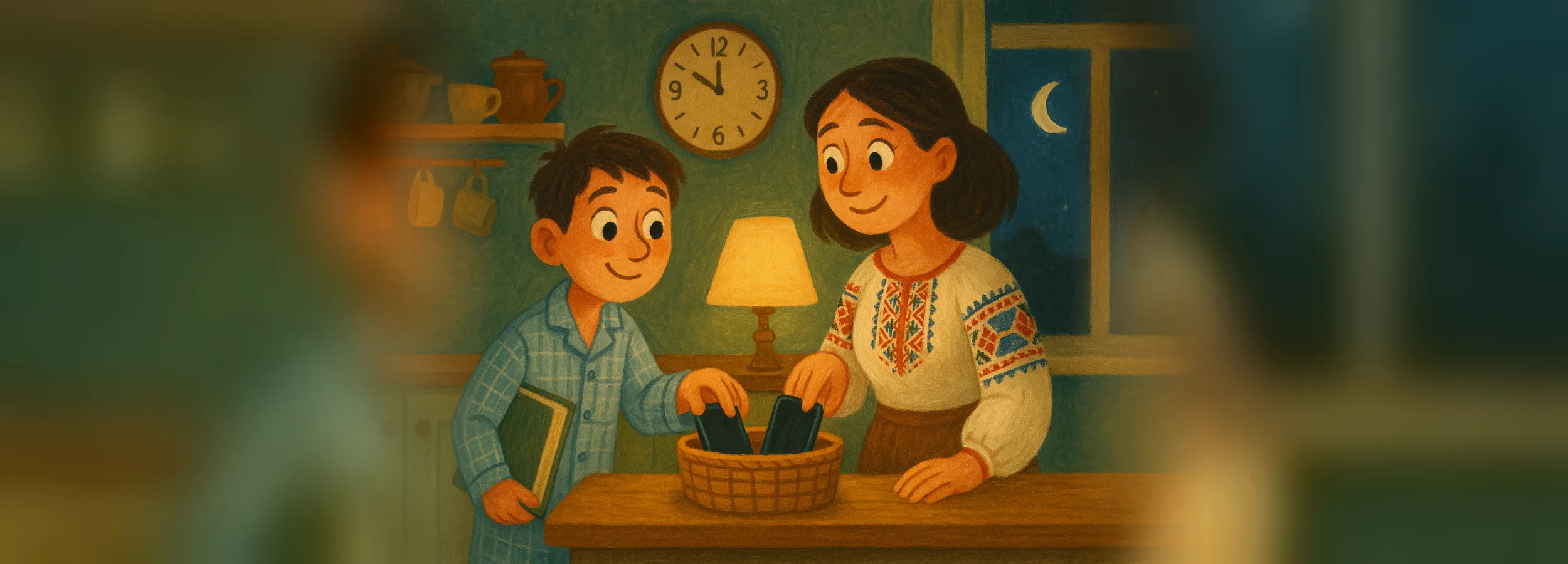A mother and son in the evening putting their phones into a basket in the kitchen
