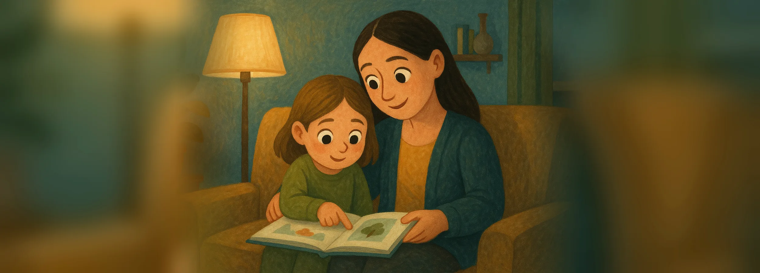 A mother and daughter sit in an armchair under a lamp reading a picture book, and the girl follows the page with her finger