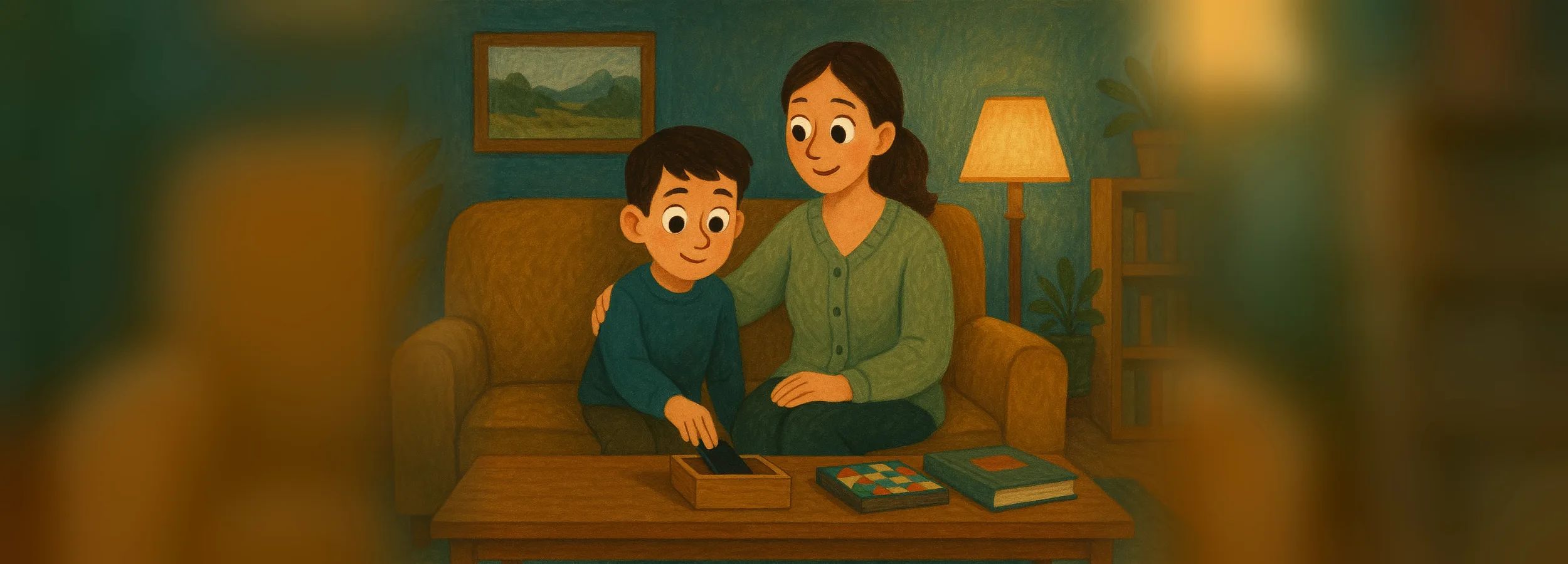 A boy and his mom place a phone into a wooden box on the table, with a board game and a book nearby