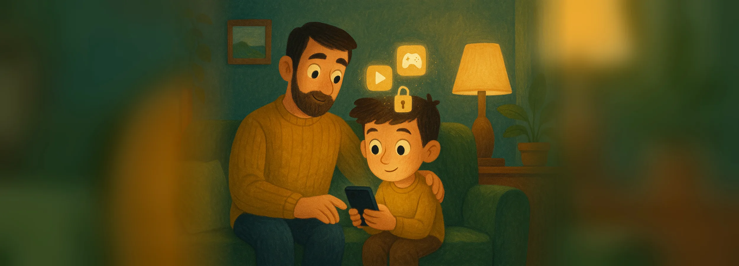 A father and son on the couch looking at a phone, with games and video being locked on the screen above it