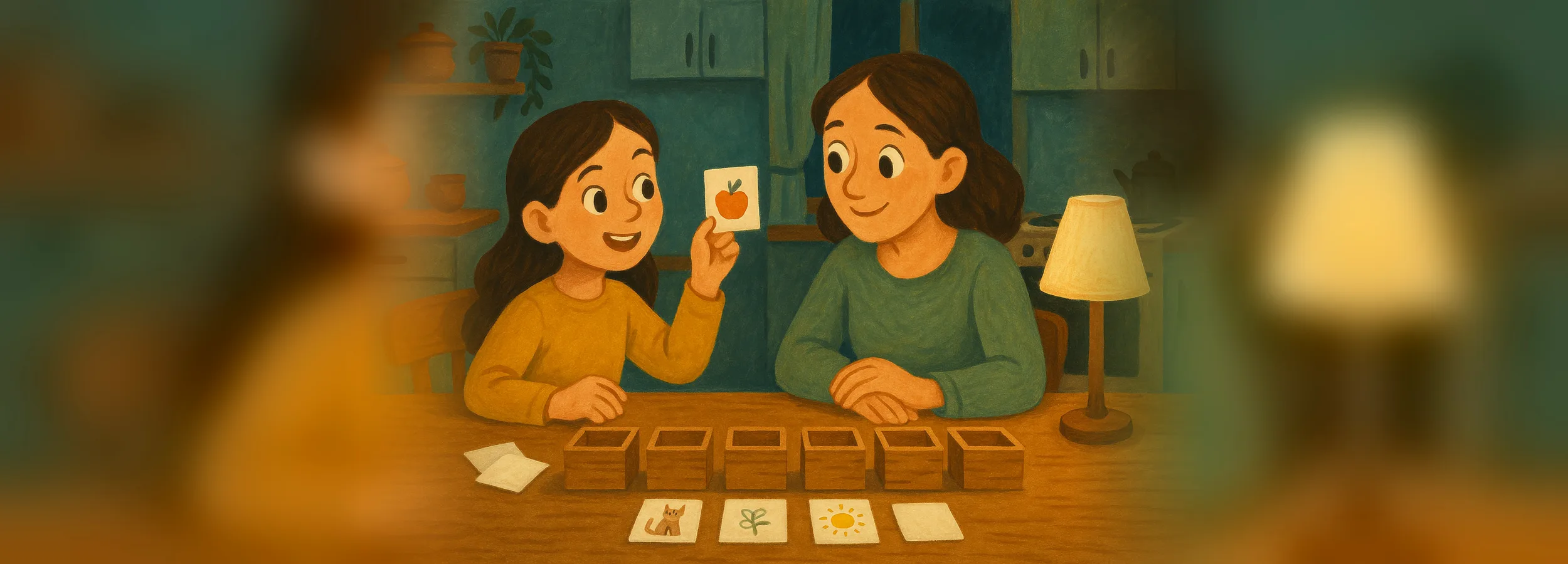 A mother and daughter in the kitchen arrange picture cards into wooden boxes